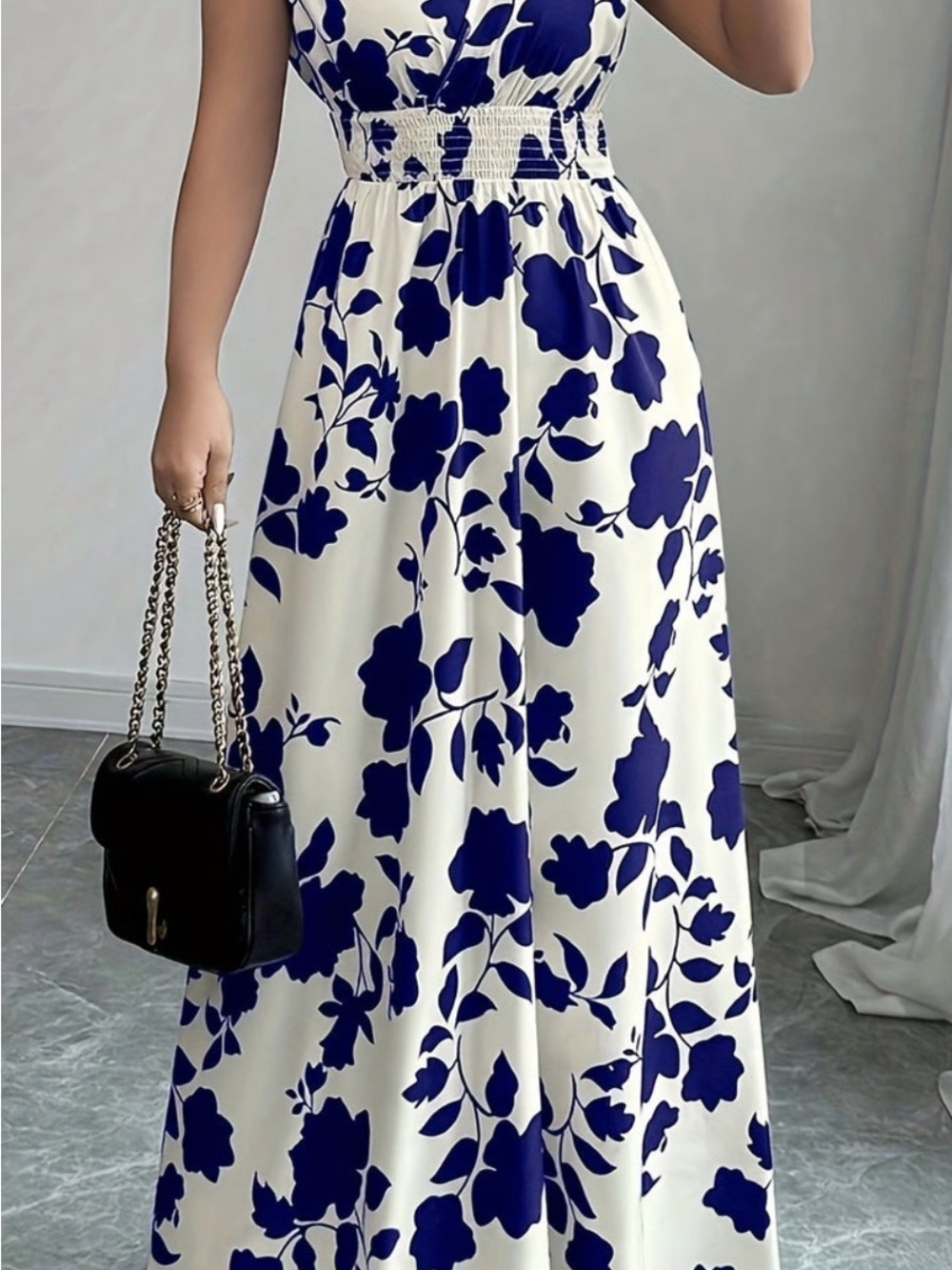 Women’s White and Navy Floral Maxi Dress - Elegant Summer Style